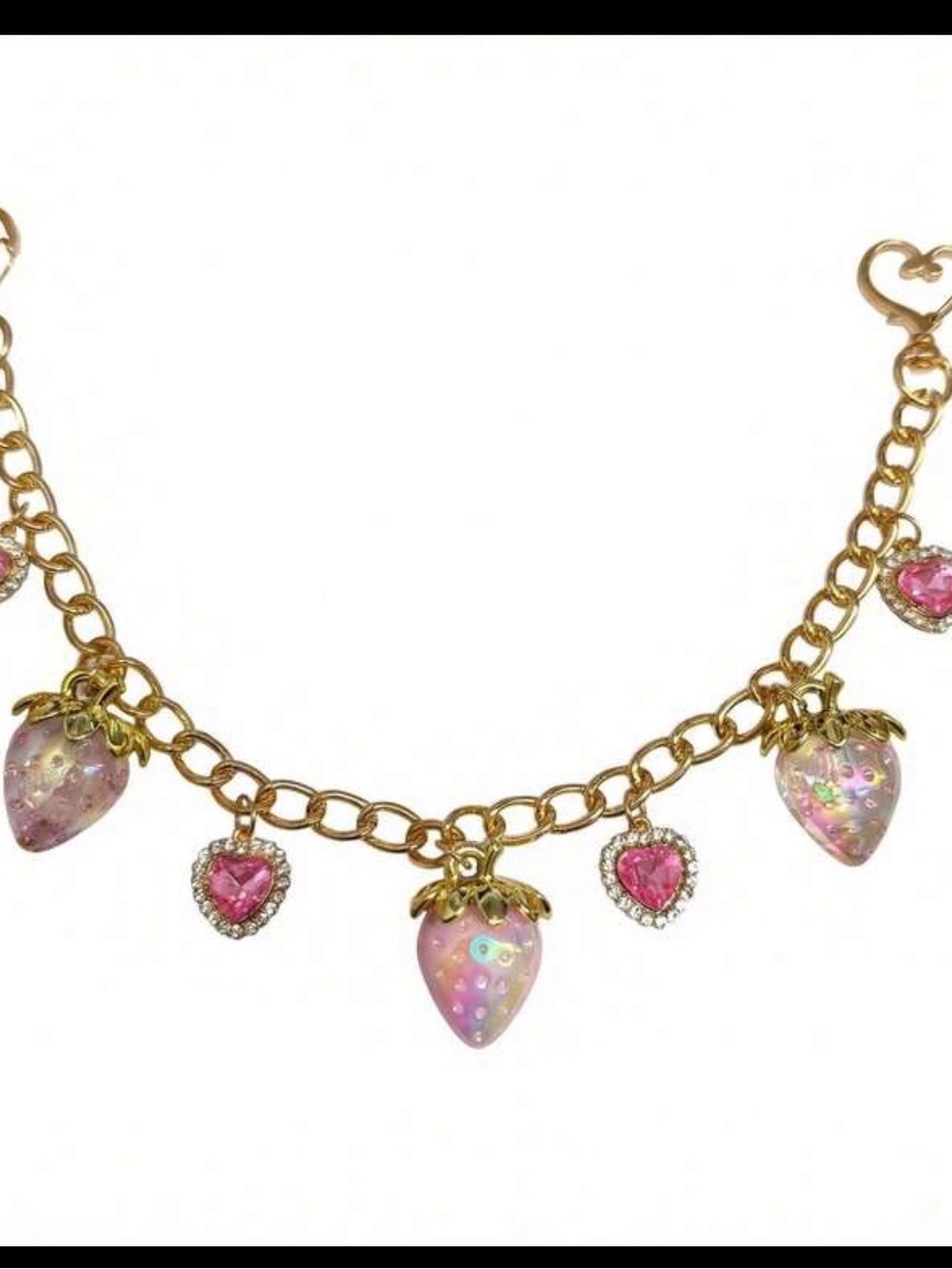 Gold-Tone Pink Strawberry Charm Bracelet Necklace